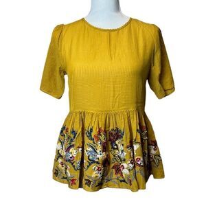 Bhanuni by Joyti Anthropologie Embroidered Beaded Babydoll Top Mustard Size XS